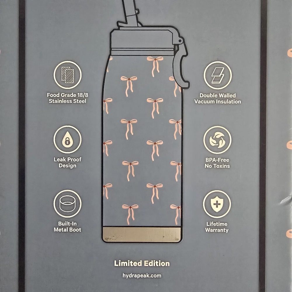 Hydrapeak Flow 32 oz Limited Edition Modern Blue Water Bottle w/Pink Bows - Picture 2 of 4